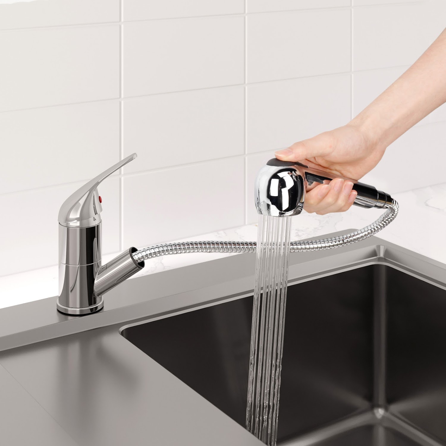 Modern Mono Kitchen Mixer Tap Pull Out Handheld Spray Round Single