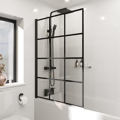 Luxura Square Grid Bath Shower Screen 1000mm Matt Black - 6mm