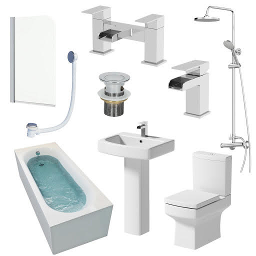 Affine Royan Bathroom Suite with 1700mm Bath, Toilet, Basin, Taps, Shower, Screen & Waste