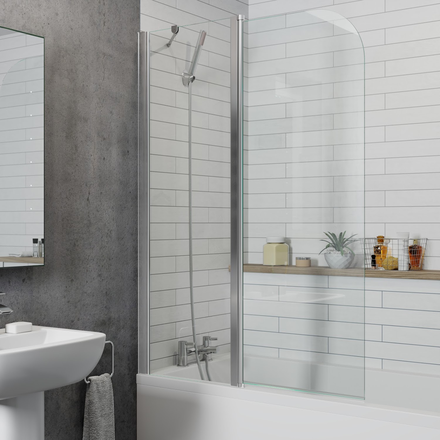 Modern Bathroom Bath Shower Screen 2 Section Curved Chrome 1000mm