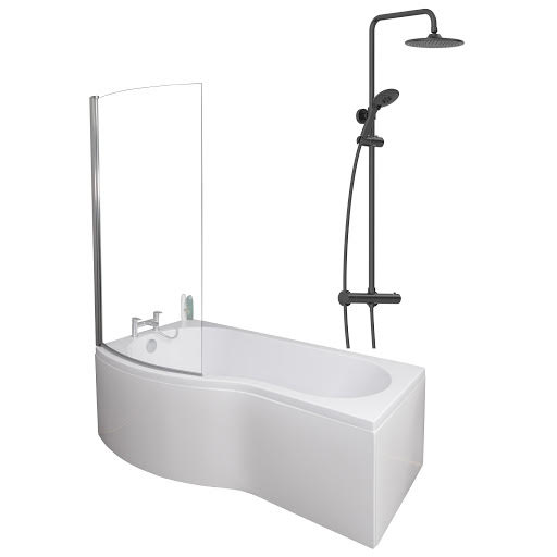 Ceramica P Shaped 1700x900mm Shower Bath, Black Shower, Bath Screen & Panel LH