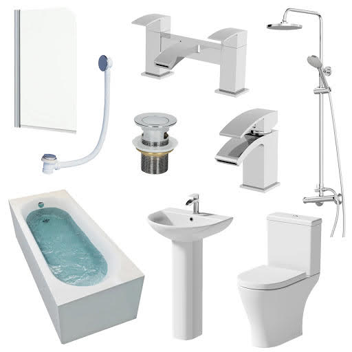 Arles Bathroom Suite with Single Ended Bath, Taps, Shower & Screen - 1700mm