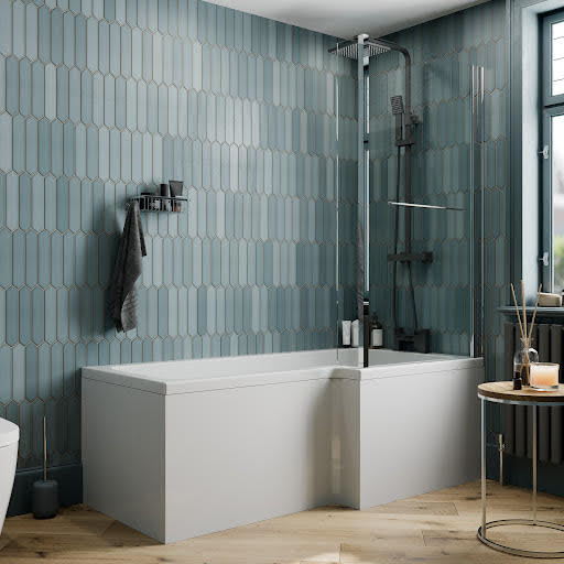 Ceramica L Shaped 1700mm Shower Bath, Shower Screen & Bath Panel RH