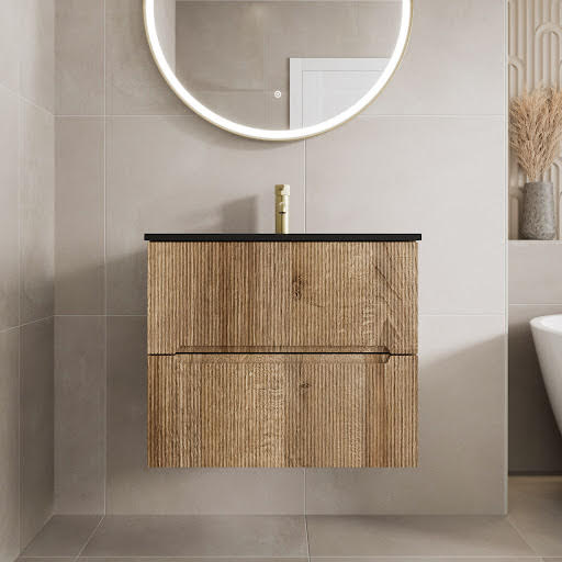 Vitusso Fluted Wood Wall Hung Bathroom Vanity Unit with Black Basin 600mm