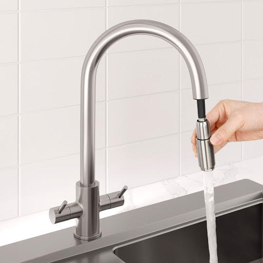 Sauber Thun Pull Out Kitchen Tap - Dual Lever Brushed Nickel