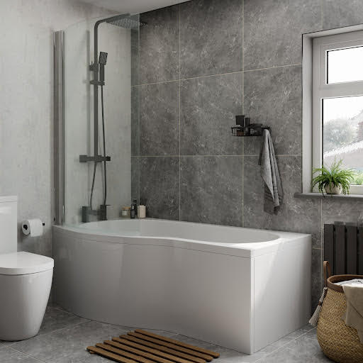 Ceramica P Shaped 1600x850mm Shower Bath, Shower Screen & Bath Panel LH