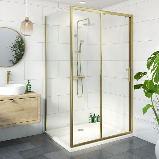 Luxura Sliding Shower Enclosure 1400 x 900mm with Tray and Waste - 6mm Brushed Brass