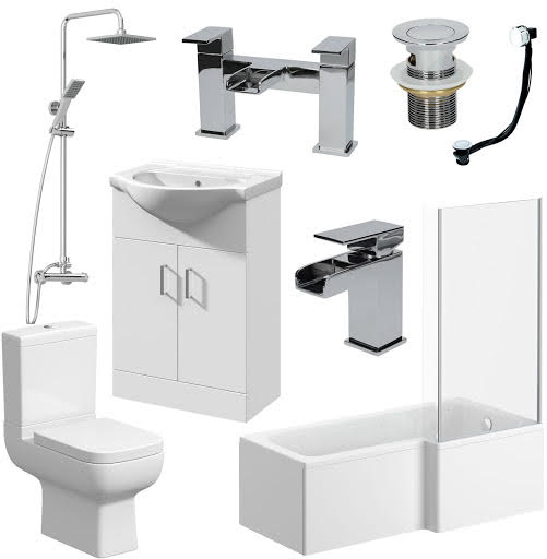 L Shaped Bathroom Suite RH 550mm Vanity, Taps, Waste Shower & Screen