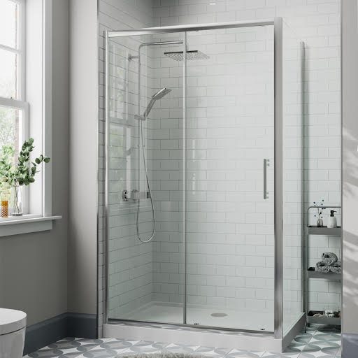 Diamond Frameless Sliding Shower Enclosure 1100 x 800mm with Raised Tray and Waste - 8mm
