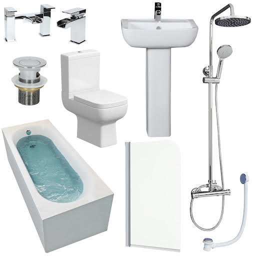 Affine Amelie Bathroom Suite with 1700mm Bath, Toilet, Basin, Taps, Shower, Screen & Waste