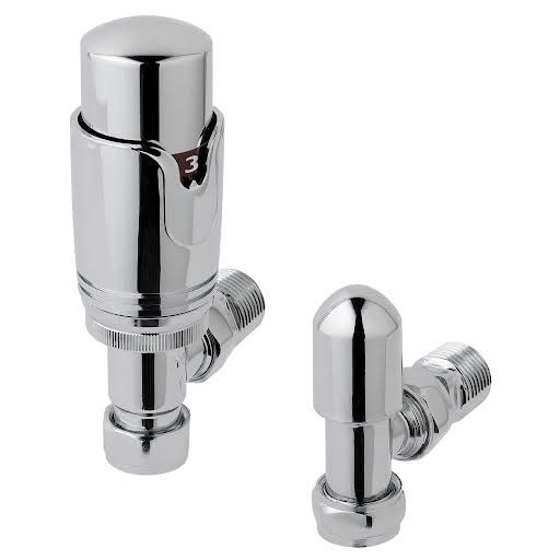 Solaro 15mm Thermostatic Angled Radiator Valve & Lockshield - Chrome
