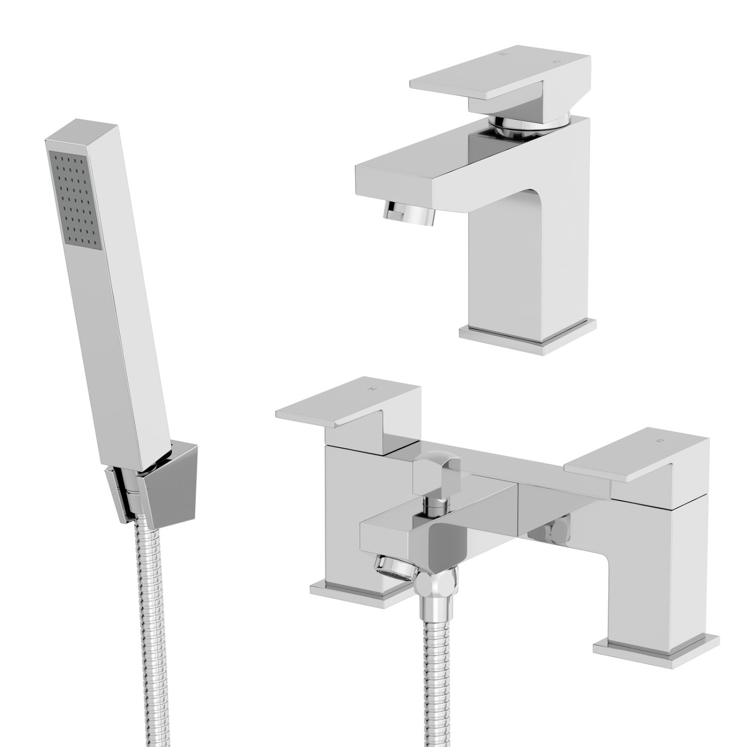 Modern Chrome Bathroom Square Tap Sets Basin & Bath Taps with Shower