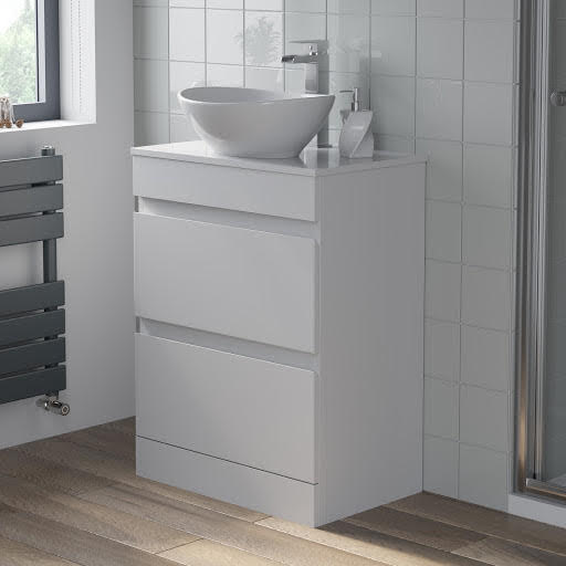 Artis White Gloss Floor Standing Drawer Vanity Unit With Affine Roubaix Countertop Basin 600mm Width Artis White Gloss Floor Standing Drawer, Artis White Gloss Wall Hung Vanity Unit Basin 600mm Width
