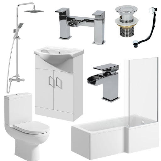 Milan L Shape Bathroom Suite Right 1700mm - Vanity Unit, Taps, Waste, Shower and Screen