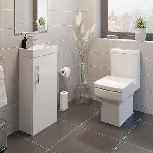 Royan Close Coupled Toilet & Artis Breeze White Gloss Vanity Unit with Door 400mm
