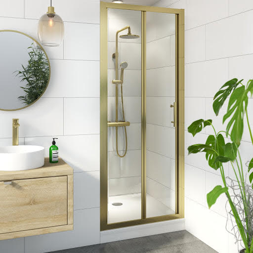 Luxura Bifold Shower Door 900mm with Raised Non Slip Tray and Waste - 6mm Brushed Brass