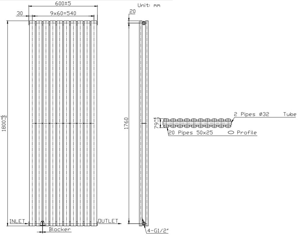 Designer Radiator Vertical White Oval Column Rads Single Panel 1800x600mm