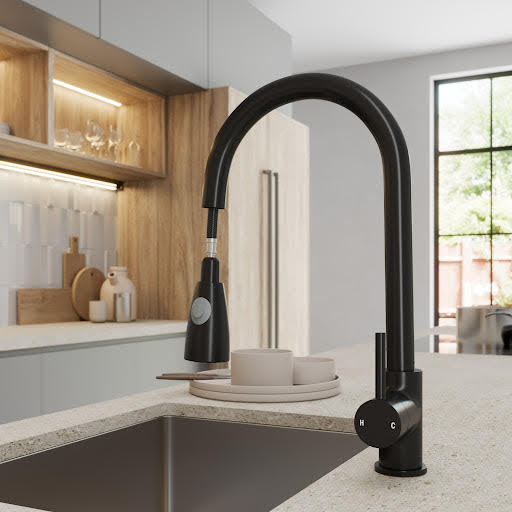 Sauber Astano Pull Out Kitchen Tap - Single Lever Black