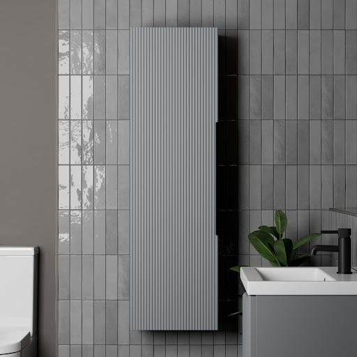 Artis Fluted Grey Wall Hung Tall Bathroom Storage Cabinet with Black Handles - 1200 x 350mm