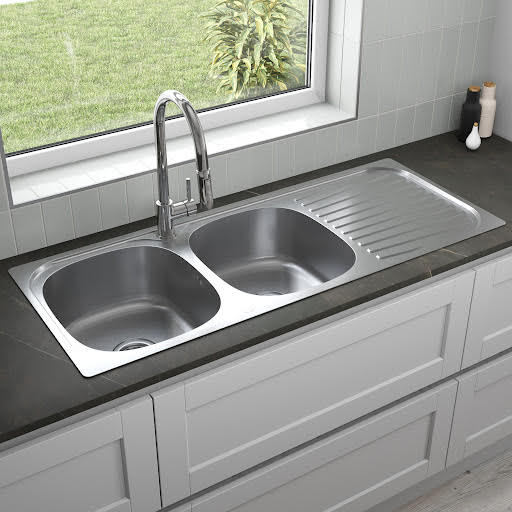 Sauber Inset Double Bowl Stainless Steel Kitchen Sink with Drainer - Rectangular