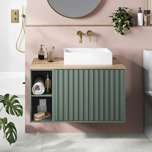 Regis Calibre Fluted Green & Oak Wall Hung Vanity Unit 800mm at Buildiro