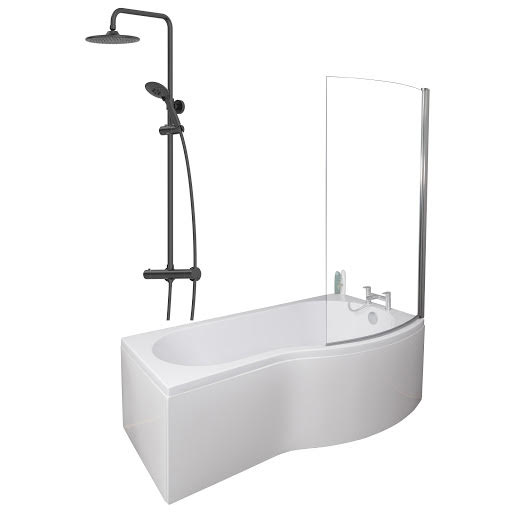 Ceramica P Shaped 1700x900mm Shower Bath, Black Shower, Bath Screen & Panel RH