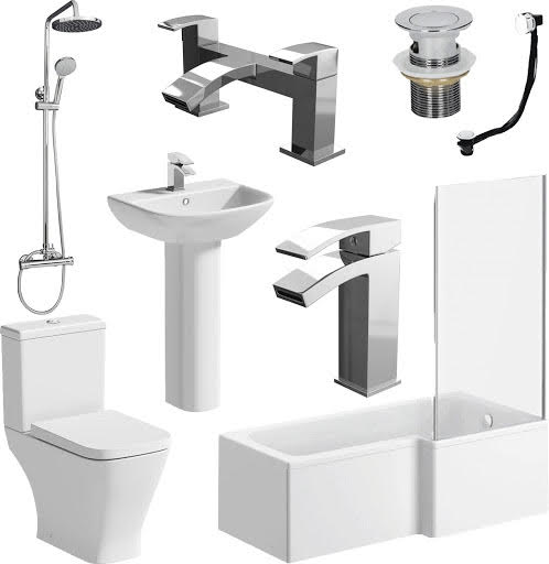 Marseille Complete Bathroom Suite Bundle with L Shape Shower Bath - Right Hand 1700mm