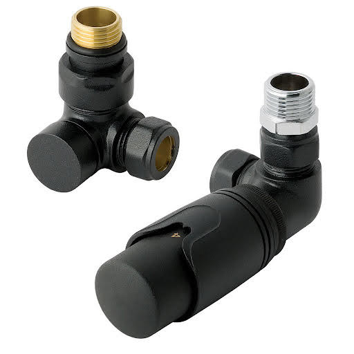 Solaro 15mm Thermostatic Corner Radiator Valve & Lockshield - Matt Black