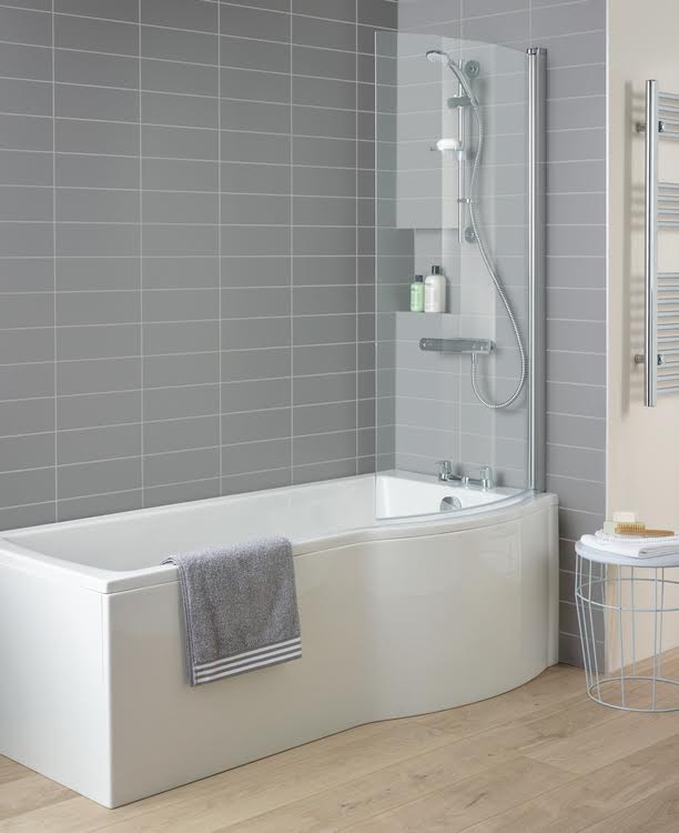 Ideal Standard Tempo Arc P Shaped Shower Bath 1700mm with Screen, Side ...