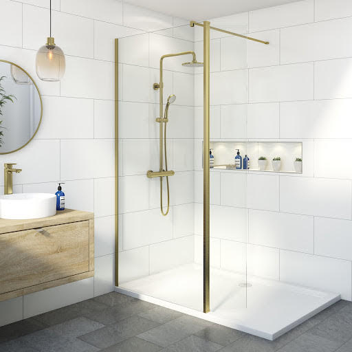 Diamond Walk In Shower Screen with 1700 x 700mm Tray & Hinged Return Panel - 8mm Brushed Brass