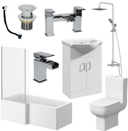 L Shaped Bathroom Suite LH, Toilet, Vanity Unit, Shower, Taps, Wastes