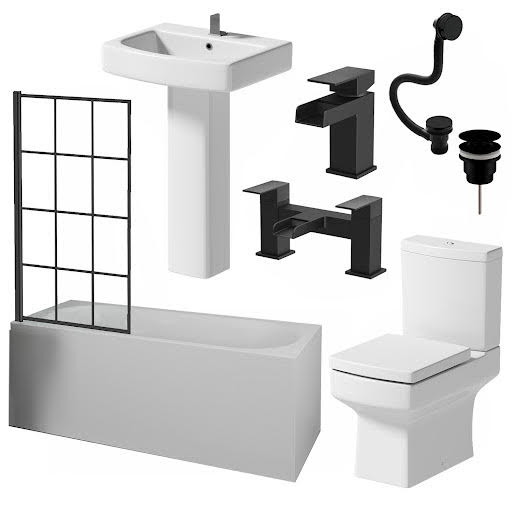 Affine Royan Black Bathroom Suite with 1700mm Single Ended Bath, Toilet, Basin, Taps, Screen & Waste
