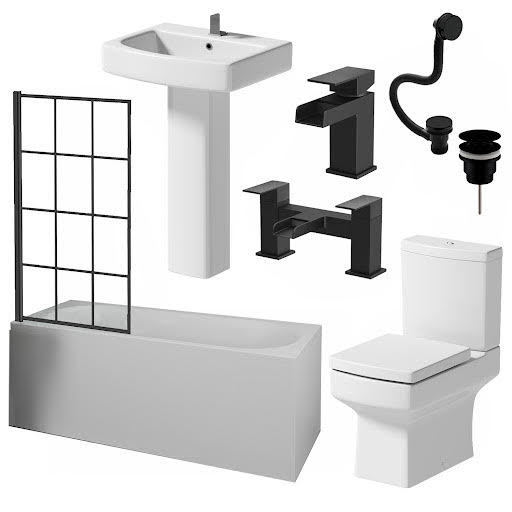Affine Royan Black Bathroom Suite with Single Ended Shower Bath 1700 & Full Pedestal Basin