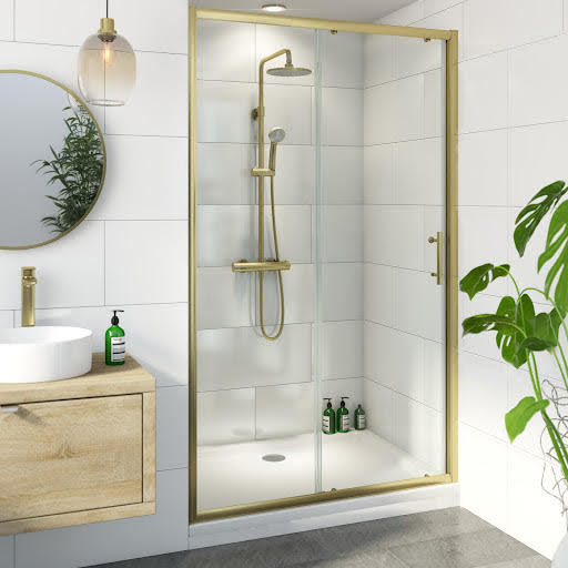 Luxura Sliding Shower Door 1200mm with 1200 x 800mm Raised Non Slip Tray and Waste 6mm Brushed Brass