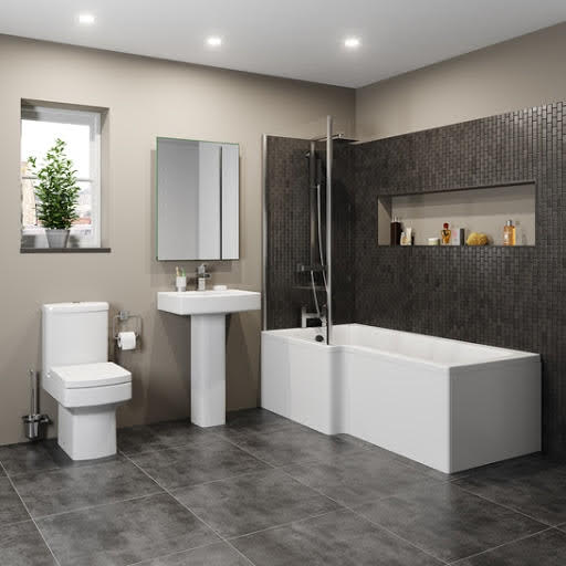 Affine Royan Bathroom Suite with 1600mm LH L Shape Bath, Close Coupled Toilet, Basin & Screen