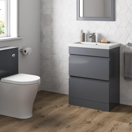 Artis Centro Grey Gloss Freestanding Vanity Unit with Basin - 600mm - Drawers
