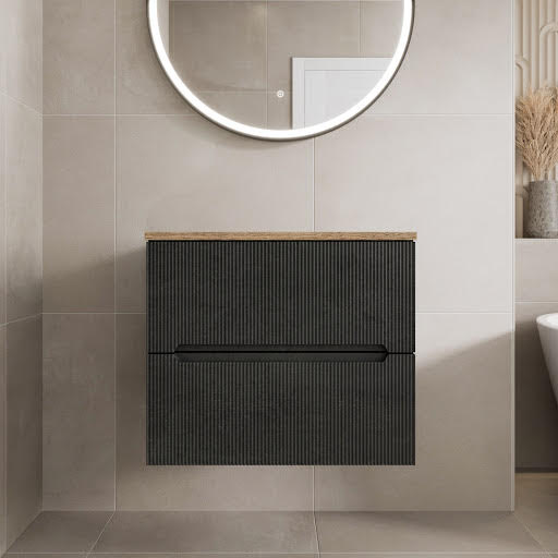 Vitusso Fluted Black Wall Hung Bathroom Vanity Unit without Basin 600mm - Oak Top