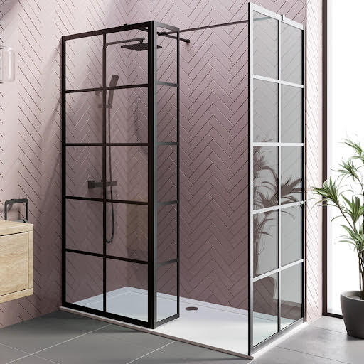 Diamond Grid Walk In Shower Screens 1400 x 800mm with Tray & Fixed Return Panel - 8mm Black