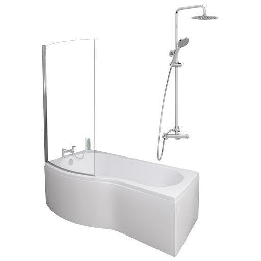 Ceramica P Shaped 1700x900mm Shower Bath, Chrome Shower, Bath Screen & Panel LH