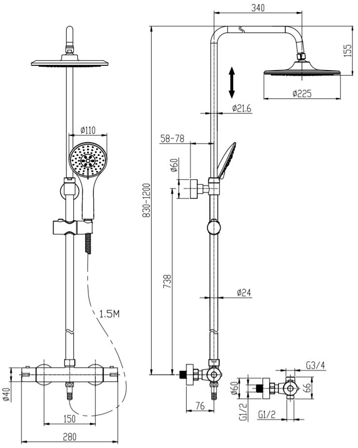 Bathroom Thermostatic Mixer Shower Set Round Matte Black Twin Head