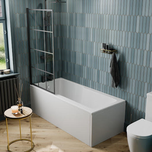 Affine Straight 1700x750mm Shower Bath & Black Grid Shower Screen