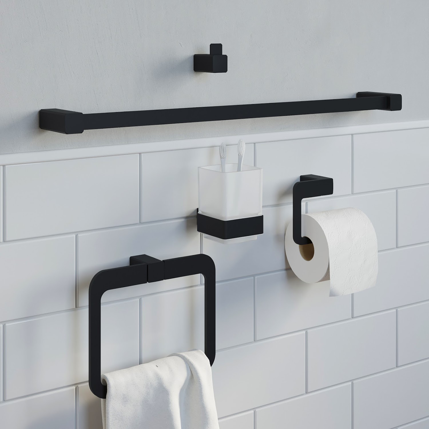 Black Bathroom Accessories Toilet Roll Holder Towel Rail Ring Robe Hook
