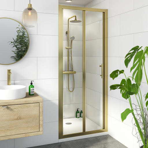 Luxura Bifold Shower Door 760mm with Non Slip Tray and Waste - 6mm Brushed Brass