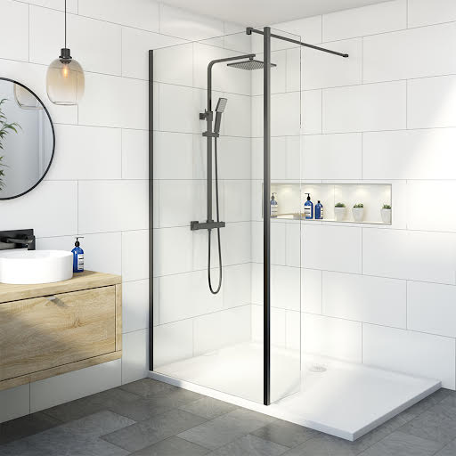 Diamond Walk In Shower Screen with 1700 x 700mm Tray & Fixed Return Panel - 8mm Black