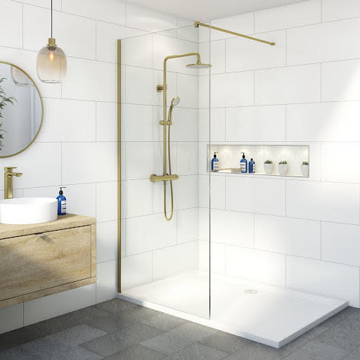 Diamond Walk In Shower Screen with 1400 x 700mm Non Slip Tray - 8mm Brushed Brass