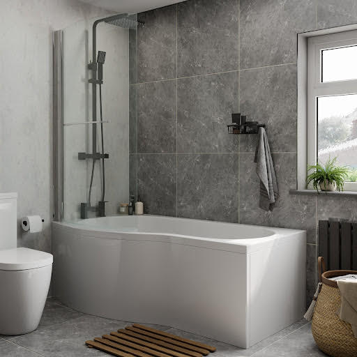 Ceramica P Shaped 1600x850mm Shower Bath, Screen with Rail & Bath Panel LH