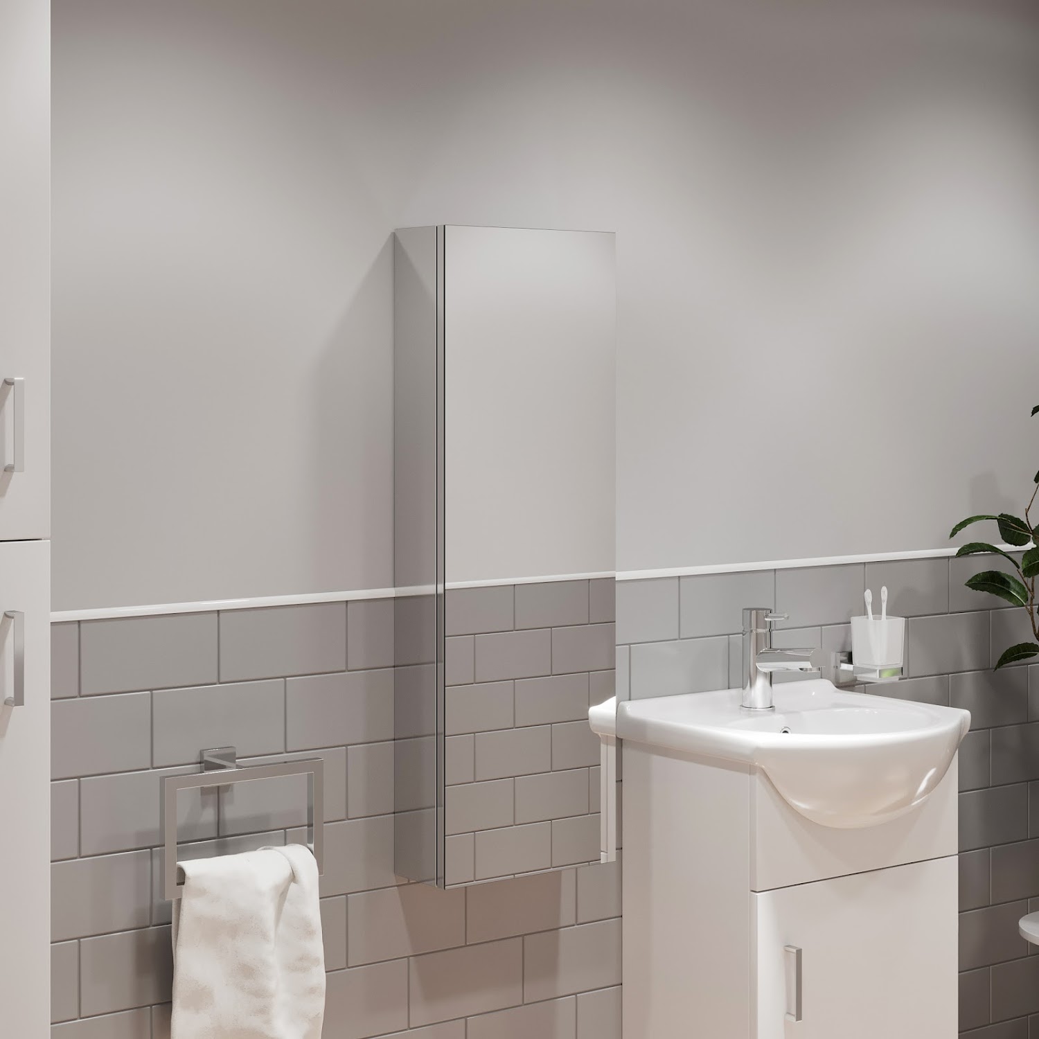 Tall Single Door Bathroom Mirror Cupboard Stainless Steel Wall