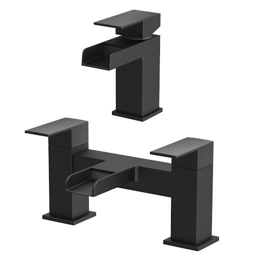 Architeckt Dakota Basin Mixer Waterfall Tap and Bath Mixer Waterfall Tap Set - Black Finish