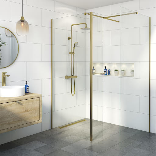 Diamond Wet Room Shower Screens with 1200 & 700mm Panels & Fixed Return Panel - 8mm Brushed Brass