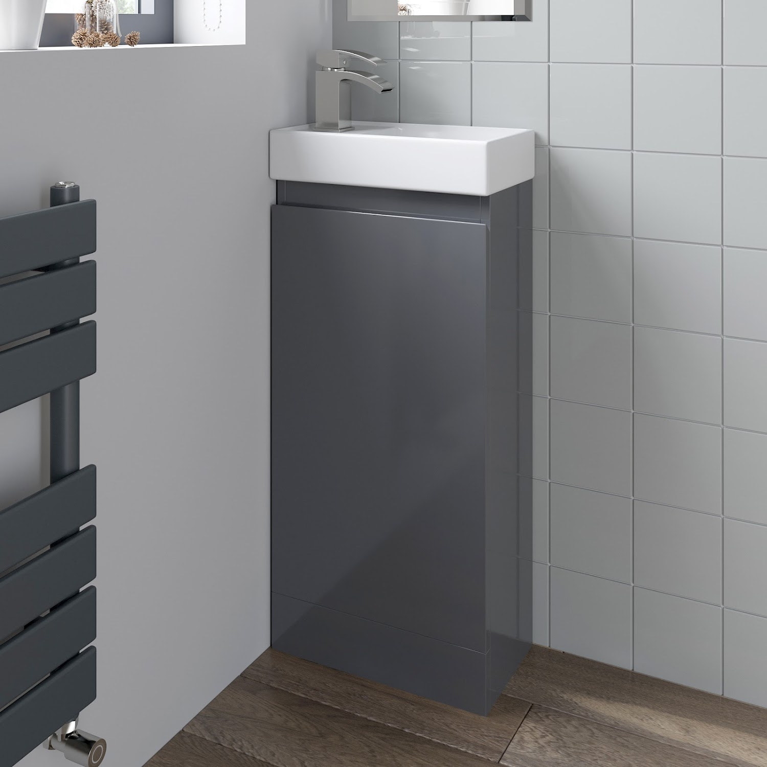 Gloss Grey Floor Standing 400mm Slim Vanity Unit Basin Sink Cloakroom